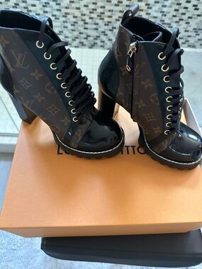 Louis Vuitton Monogram Lace-Up Patent Toe Ankle Boots in Brown and Black